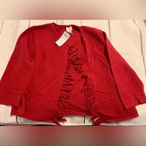 Red fringed Chico’s cardigan